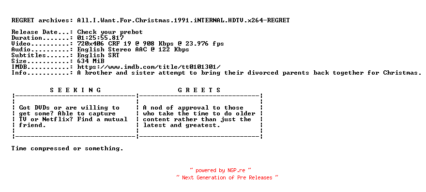 NFO for the release All.I.Want.For.Christmas.1991.iNTERNAL.HDTV.x264-REGRET by REGRET