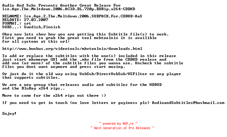 NFO for the release Ice.Age.The.Meltdown.2006.AC3D.DL.720p.BDRip.x264-CDDHD by CDDHD