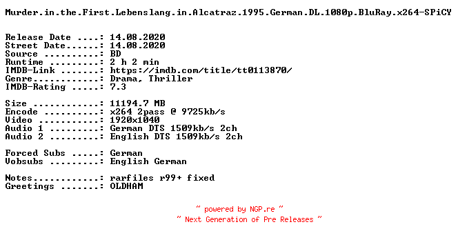 NFO for the release Murder.in.the.First.Lebenslang.in.Alcatraz.1995.German.DL.1080p.BluRay.x264.REPACK-SPiCY by SPiCY