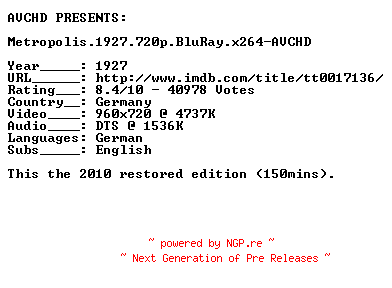 NFO for the release Metropolis.1927.720p.BluRay.x264-AVCHD by AVCHD