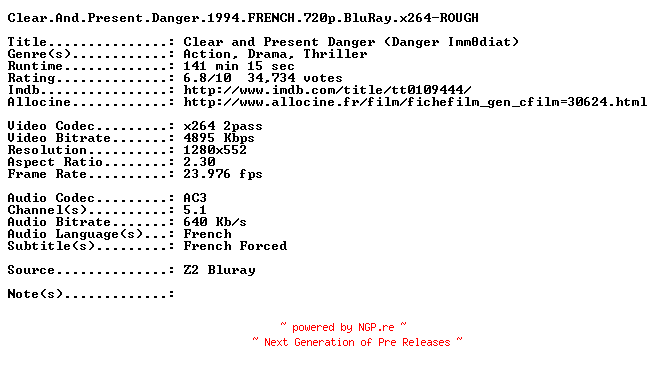 NFO for the release Clear.And.Present.Danger.1994.FRENCH.720p.BluRay.x264-ROUGH by ROUGH