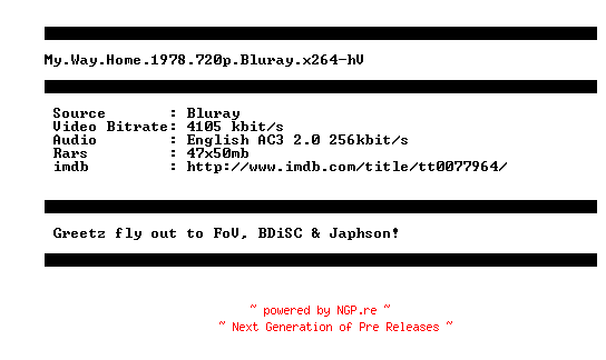 NFO for the release My.Way.Home.1978.720p.Bluray.x264-hV by hV