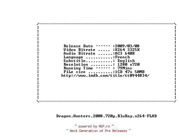 NFO for the release Dragon.Hunters.2008.720p.BluRay.x264-FLHD by FLHD
