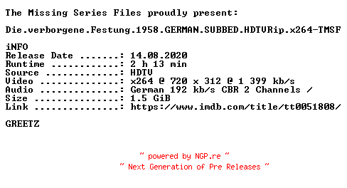 NFO for the release Die.verborgene.Festung.1958.GERMAN.SUBBED.HDTVRip.x264-TMSF by TMSF