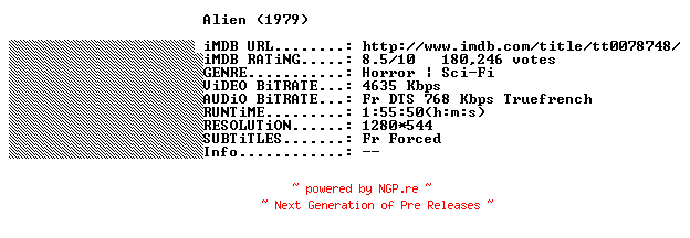 NFO for the release Alien.1979.Directors.Cut.FRENCH.720p.BluRay.x264-THENiGHTMAREiNHD by THENiGHTMAREiNHD