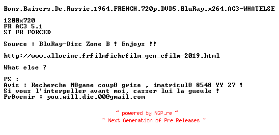 NFO for the release Bons.Baisers.De.Russie.1964.FRENCH.720p.DVD5.BluRay.x264.AC3-WHATELSE by WHATELSE