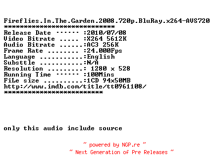 NFO for the release Fireflies.In.The.Garden.2008.720p.BluRay.x264-AVS720 by AVS720