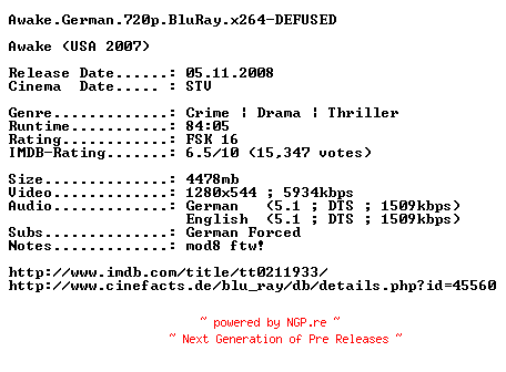 NFO for the release Awake.German.720p.BluRay.x264-DEFUSED by DEFUSED