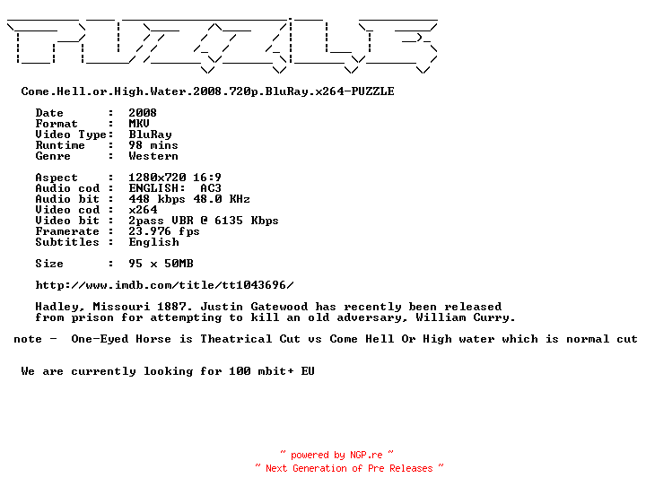 NFO for the release Come.Hell.or.High.Water.2008.720p.BluRay.x264-PUZZLE by PUZZLE