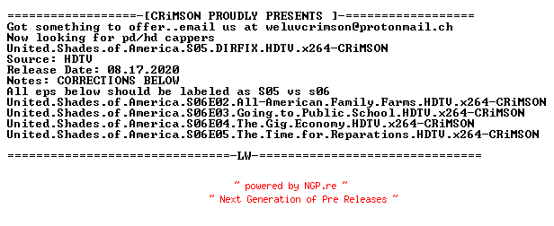 NFO for the release United.Shades.of.America.S05.DIRFIX.HDTV.x264-CRiMSON by CRiMSON