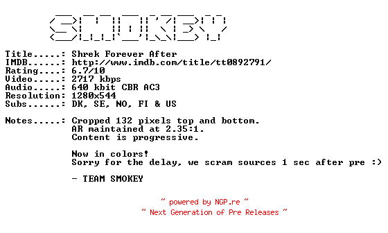 NFO for the release Shrek.Forever.After.2010.RERIP.DANISH.720p.Bluray.x264-SMOKEY by SMOKEY