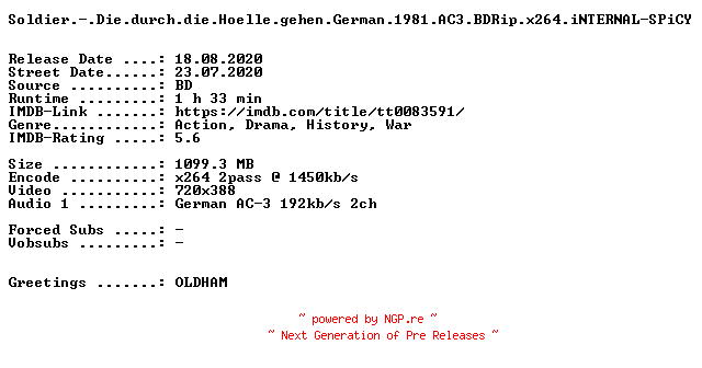 NFO for the release Soldier.-.Die.durch.die.Hoelle.gehen.German.1981.AC3.BDRip.x264.iNTERNAL-SPiCY by SPiCY