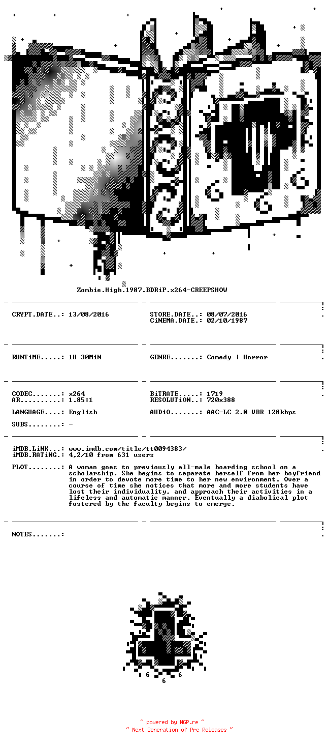 NFO for the release Zombie.High.1987.BDRiP.x264-CREEPSHOW by CREEPSHOW