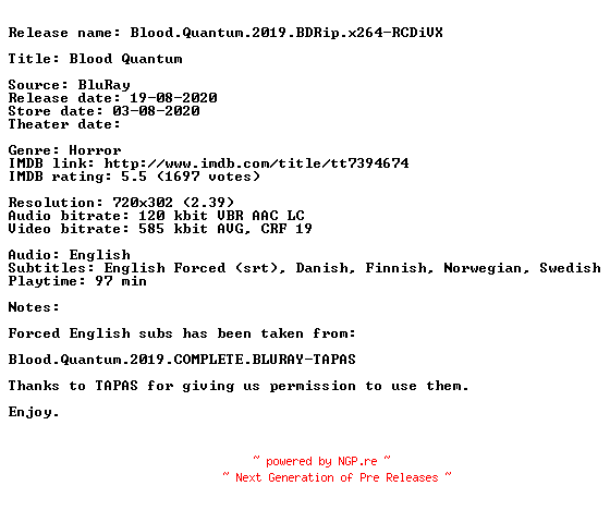 NFO for the release Blood.Quantum.2019.BDRip.x264-RCDiVX by RCDiVX
