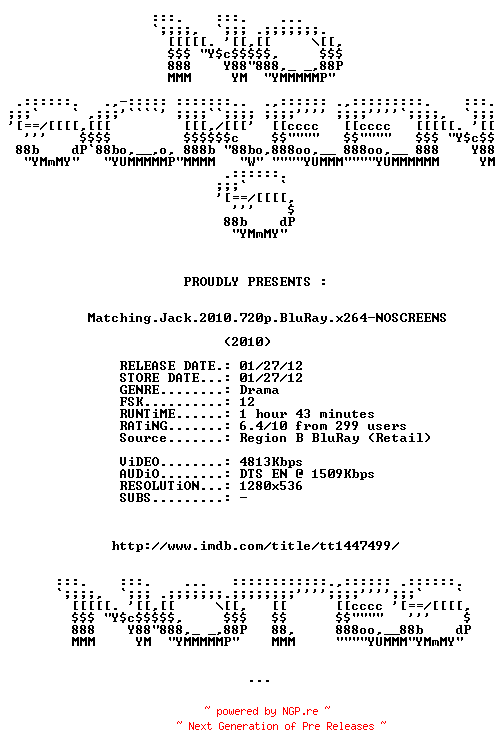 NFO for the release Matching.Jack.2010.720p.BluRay.x264-NOSCREENS by NOSCREENS