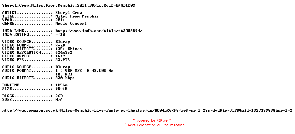 NFO for the release Sheryl.Crow.Miles.From.Memphis.2011.BDRip.XviD-BAND1D0S by BAND1D0S