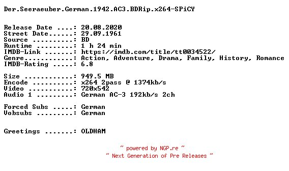 NFO for the release Der.Seeraeuber.German.1942.AC3.BDRip.x264-SPiCY by SPiCY