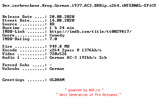 NFO for the release Der.zerbrochene.Krug.German.1937.AC3.BDRip.x264.iNTERNAL-SPiCY by SPiCY