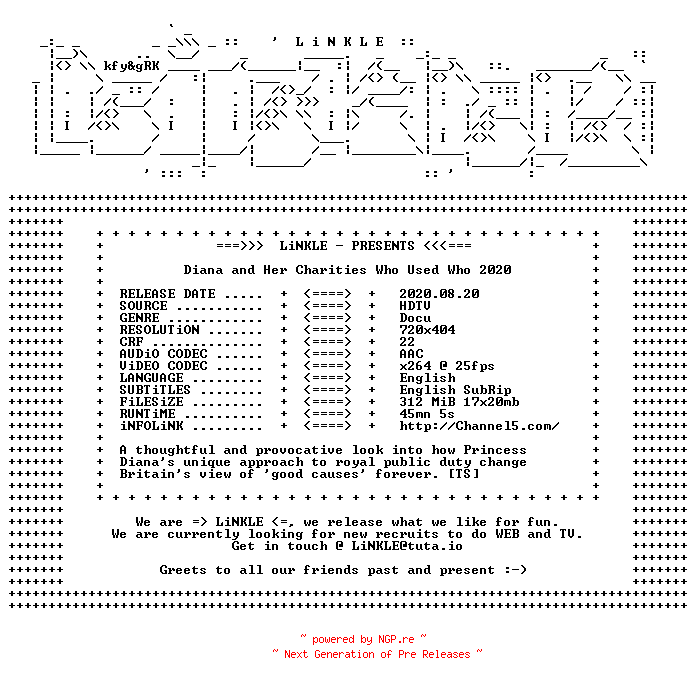 NFO for the release Diana.and.Her.Charities.Who.Used.Who.2020.HDTV.x264-LiNKLE by LiNKLE