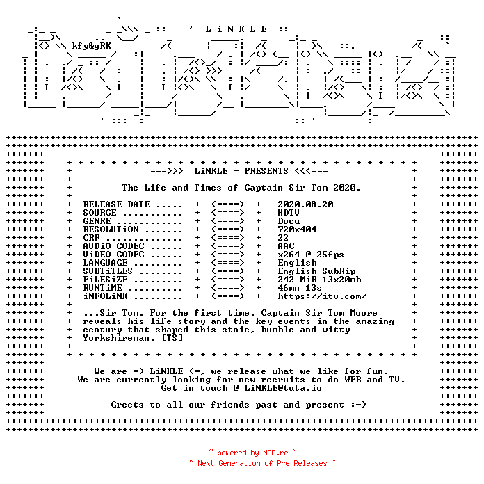 NFO for the release The.Life.and.Times.of.Captain.Sir.Tom.2020.HDTV.x264-LiNKLE by LiNKLE