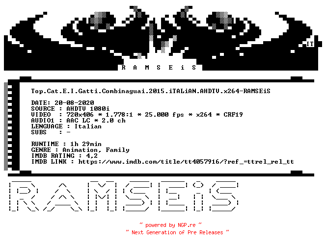 NFO for the release Top.Cat.E.I.Gatti.Combinaguai.2015.iTALiAN.AHDTV.x264-RAMSEiS by RAMSEiS