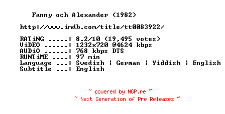 NFO for the release Fanny.and.Alexander.1982.Television.Version.PART4.720p.BluRay.x264-MELiTE by MELiTE