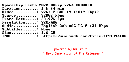 NFO for the release Spaceship.Earth.2020.BDRip.x264-CADAVER by CADAVER