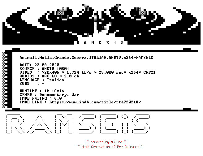 NFO for the release Animali.Nella.Grande.Guerra.iTALiAN.AHDTV.x264-RAMSEiS by RAMSEiS
