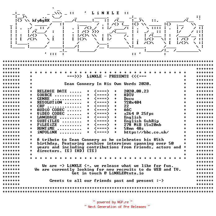 NFO for the release Sean.Connery.In.His.Own.Words.2020.HDTV.x264-LiNKLE by LiNKLE