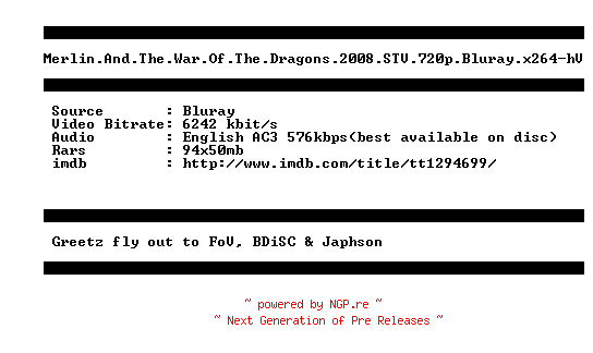 NFO for the release Merlin.And.The.War.Of.The.Dragons.2008.STV.720p.Bluray.x264-hV by hV