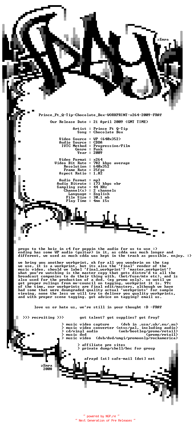 NFO for the release Prince_Ft_Q-Tip-Chocolate_Box-WORKPRINT-x264-2009-FRAY by FRAY