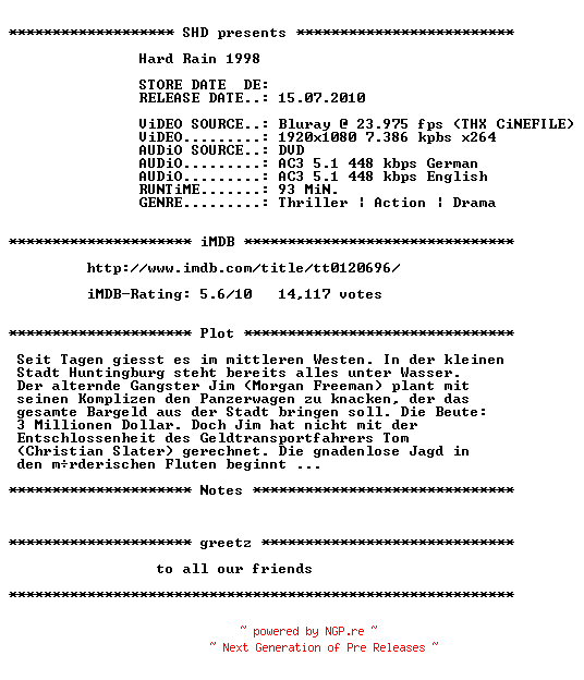 NFO for the release Hard.Rain.1998.German.AC3D.DL.720p.BluRay.x264-SHD by SHD