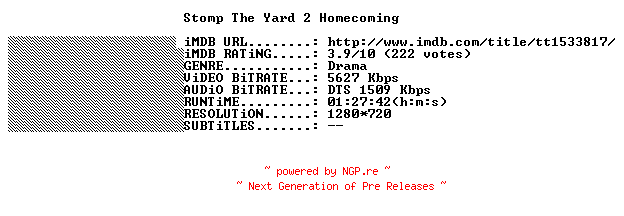 NFO for the release Stomp.The.Yard.2.Homecoming.STV.FRENCH.720p.BluRay.x264-NIGHTMARE by NIGHTMARE