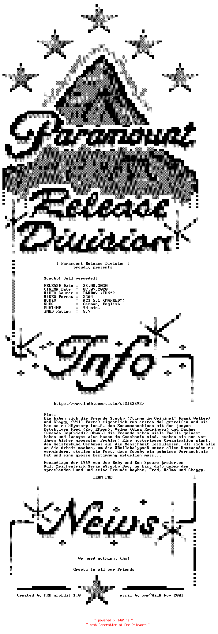 NFO for the release Scooby.Voll.verwedelt.2020.German.AC3D.BDRip.x264-PRD by PRD