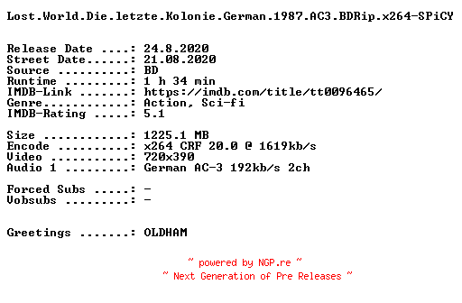 NFO for the release Lost.World.Die.letzte.Kolonie.German.1987.AC3.BDRip.x264-SPiCY by SPiCY