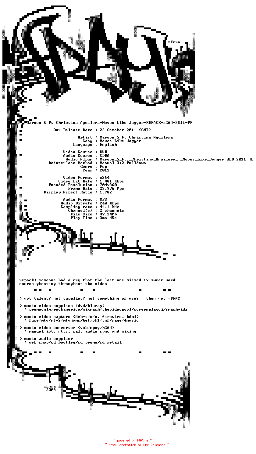 NFO for the release Maroon_5_Ft_Christina_Aguilera-Moves_Like_Jagger-REPACK-x264-2011-FRAY by FRAY