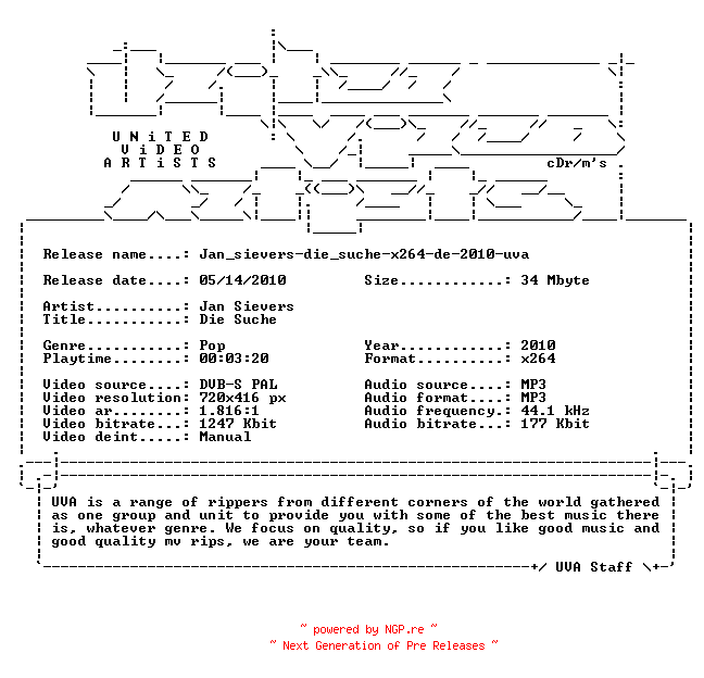 NFO for the release Jan_sievers-die_suche-x264-de-2010-uva by uva