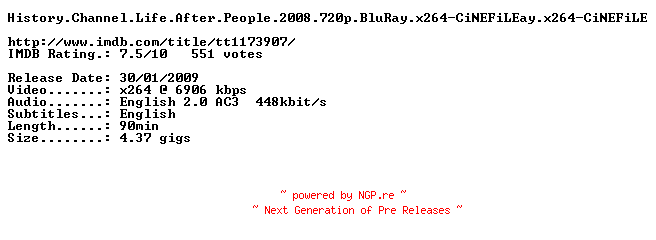 NFO for the release History.Channel.Life.After.People.2008.720p.BluRay.x264-CiNEFiLE by CiNEFiLE