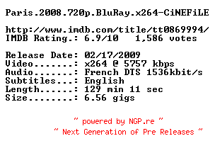 NFO for the release Paris.2008.720p.BluRay.x264-CiNEFiLE by CiNEFiLE