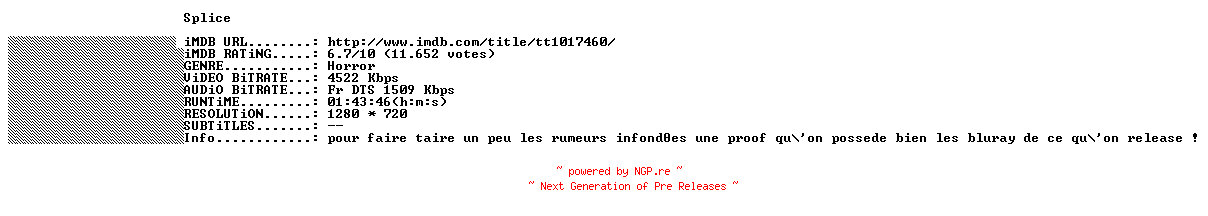 NFO for the release Splice.FRENCH.720p.BluRay.x264-THENiGHTMAREiNHD by THENiGHTMAREiNHD