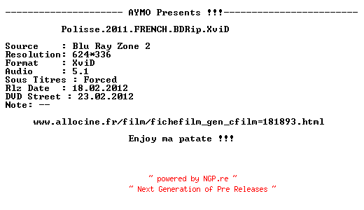 NFO for the release Polisse.2011.FRENCH.BDRip.XviD-AYMO by AYMO