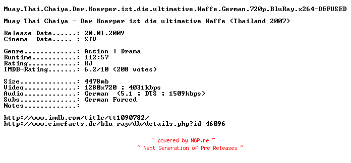NFO for the release Muay.Thai.Chaiya.Der.Koerper.ist.die.ultimative.Waffe.German.720p.BluRay.x264-DEFUSED by DEFUSED