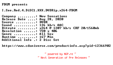 NFO for the release I.See.Red.4.DiSC1.XXX.DVDRip.x264-FBGM by FBGM