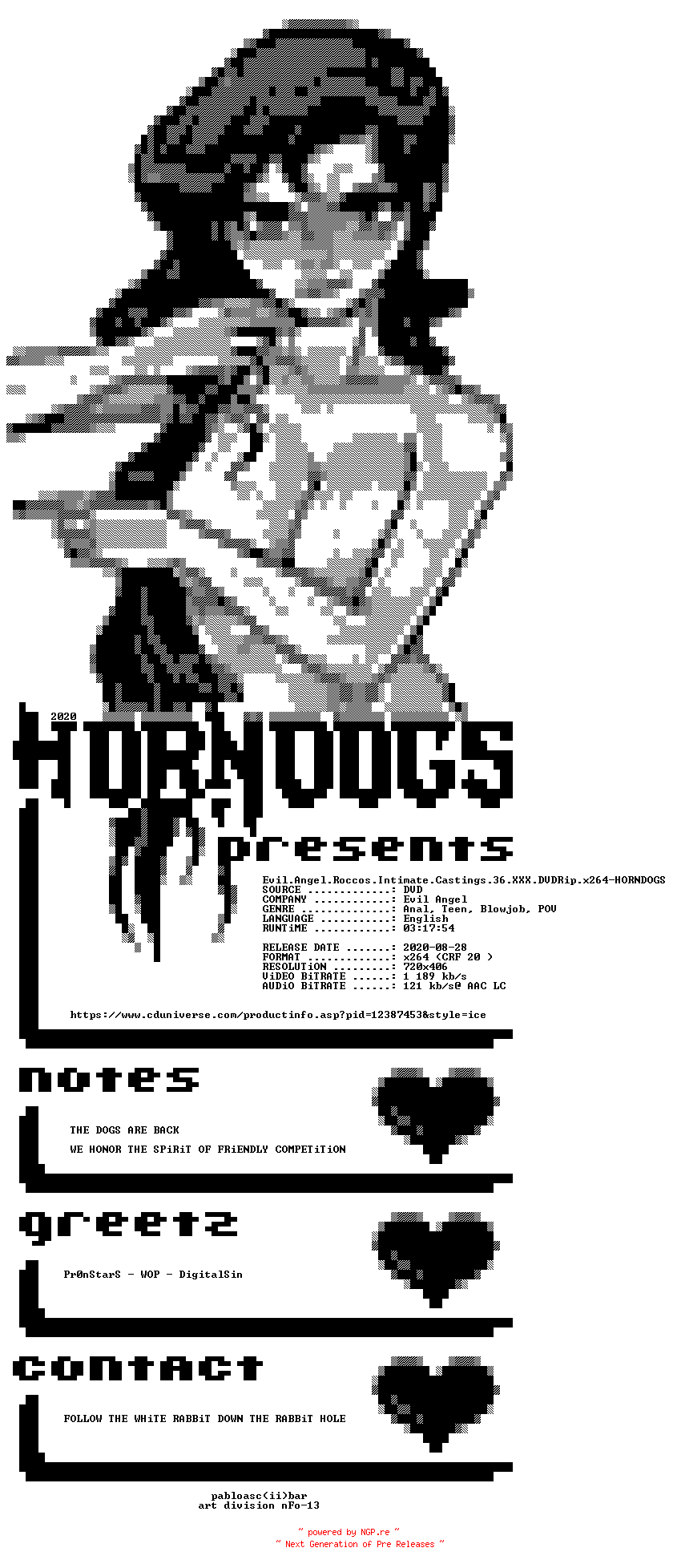 NFO for the release Evil.Angel.Roccos.Intimate.Castings.36.XXX.DVDRip.x264-HORNDOGS by HORNDOGS