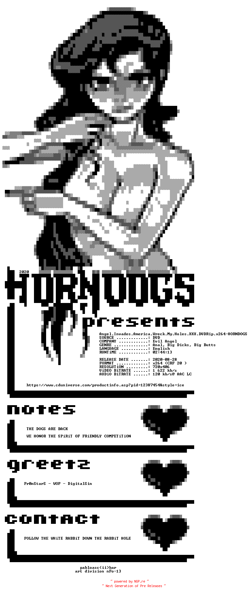 NFO for the release Angel.Invades.America.Wreck.My.Holes.XXX.DVDRip.x264-HORNDOGS by HORNDOGS