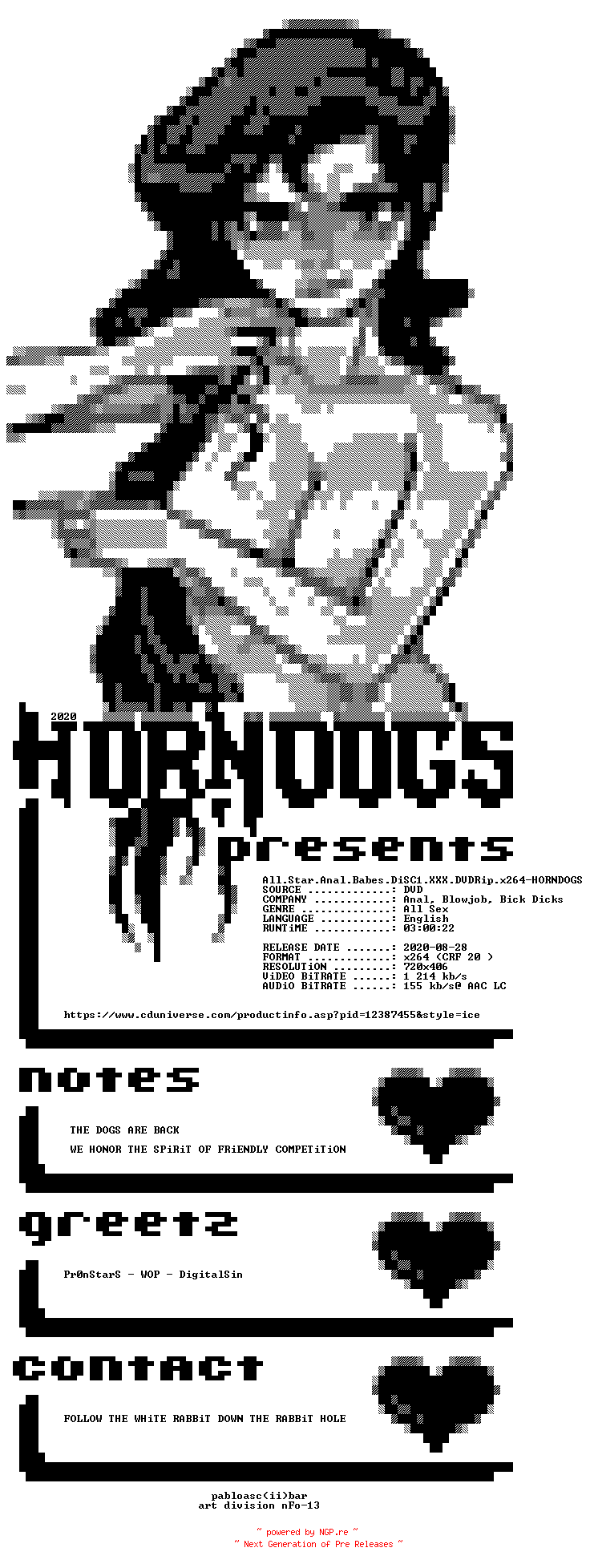 NFO for the release All.Star.Anal.Babes.DiSC1.XXX.DVDRip.x264-HORNDOGS by HORNDOGS