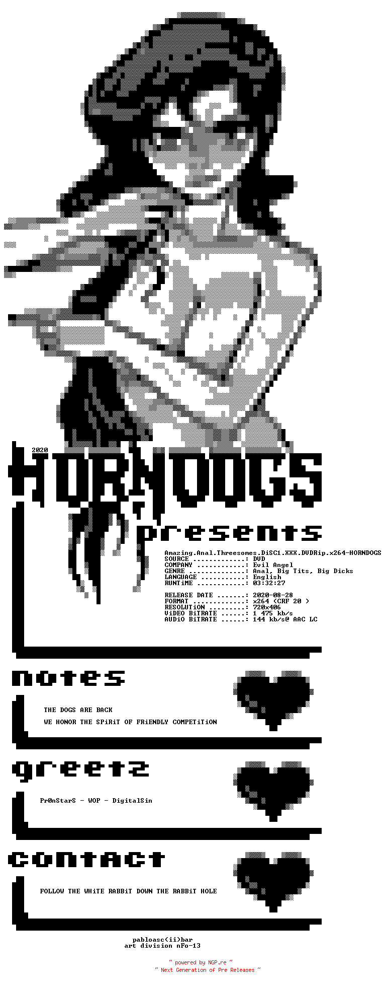 NFO for the release Amazing.Anal.Threesomes.DiSC1.XXX.DVDRip.x264-HORNDOGS by HORNDOGS