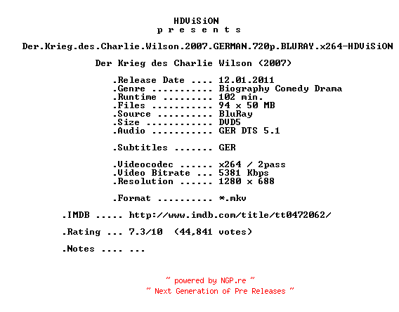 NFO for the release Der.Krieg.des.Charlie.Wilson.2007.GERMAN.720p.BLURAY.x264-HDViSiON by HDViSiON