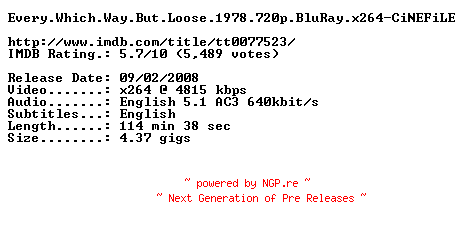 NFO for the release Every.Which.Way.But.Loose.1978.720p.BluRay.x264-CiNEFiLE by CiNEFiLE