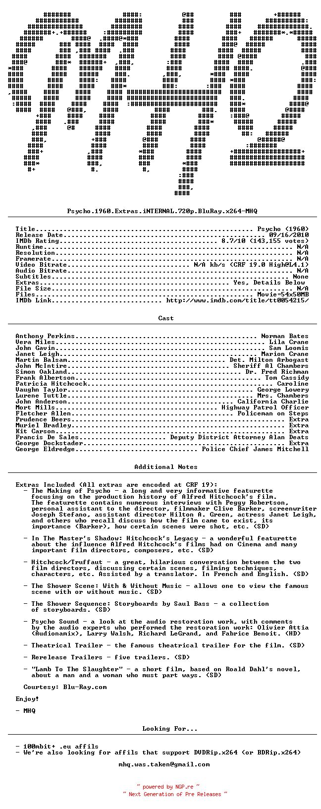 NFO for the release Psycho.1960.Extras.iNTERNAL.720p.BluRay.x264-MHQ by MHQ